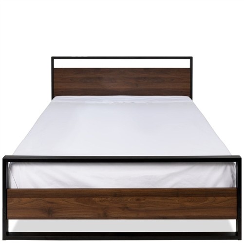 Queen Size Farmhouse Black Metal Platform Bed Frame with Dark Wood Headboard and Footboard