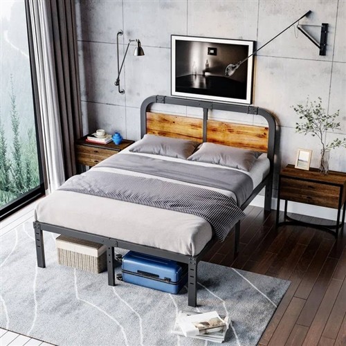 Full Size Heavy Duty Black Metal Bed Frame with Solid Wood Panel Headboard