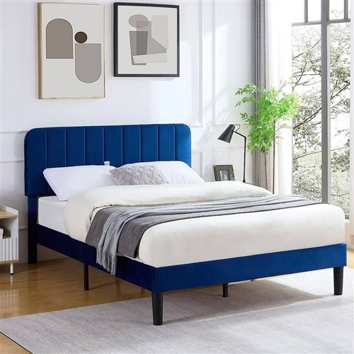 Full Size Blue Upholstered Platform Bed Frame with Headboard