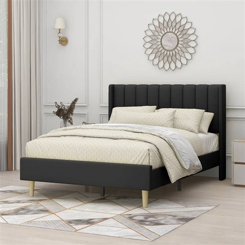 Full Size Mid-Century Black Upholstered Platform Bed Frame with Black Upholstered Headboard