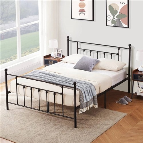 Full Size Vintage Black Metal Platform Bed Frame with Headboard and Footboard