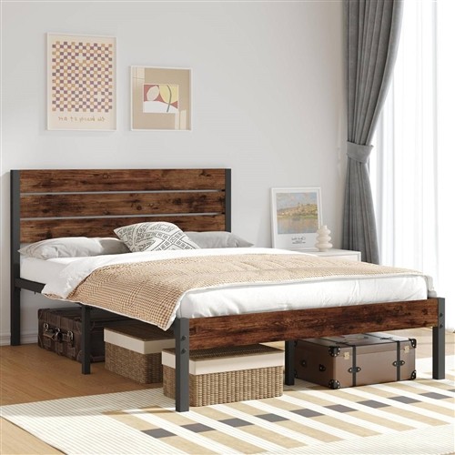 Full Size Farmhouse Black Metal Platform Bed Frame with Brown Wood Headboard
