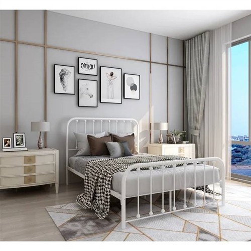 Full Size White Metal Bed Frame with Slatted Headboard and Footboard