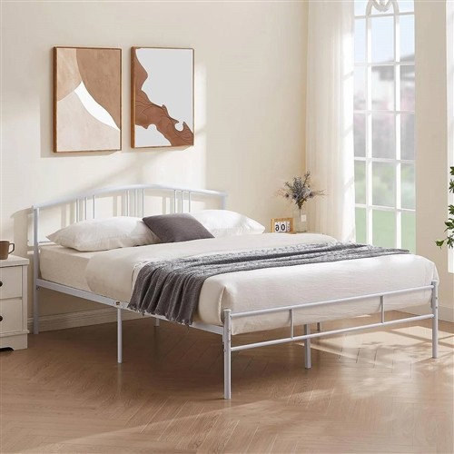 Full Size White Metal Platform Bed Frame with Arched Headboard
