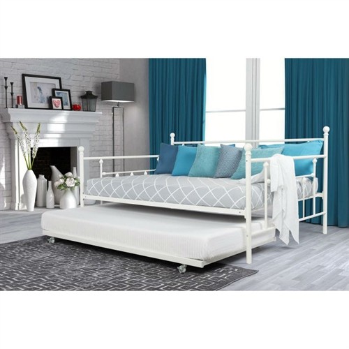 Full Size Farmhouse White Metal Day Bed Frame with Twin Trundle Bed
