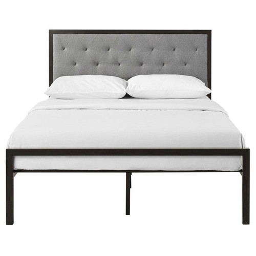 Full Size Black Metal Platform Bed with Grey Upholstered Button Tufted Headboard