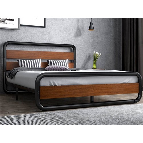 Full Size Industrial Black Metal Platform Bed Frame with Brown Wood Headboard