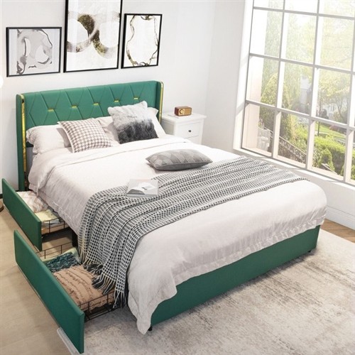 Full Size Green/Gold Upholstered Platform Bed Frame with 4 Storage Drawers