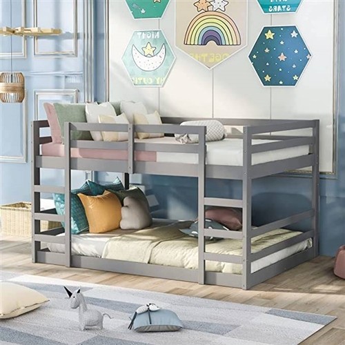 Full over Full Size Low Profile Grey Wood Bunk Bed Frame