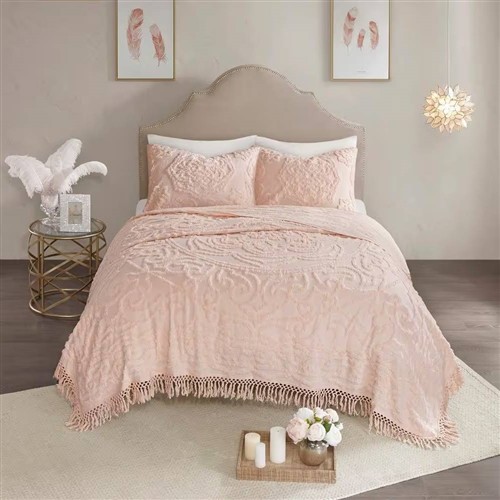 Full/Queen Size Pink Blush 100% Chenille Cotton 3 Pc Bedspread Set with Fringed Hem
