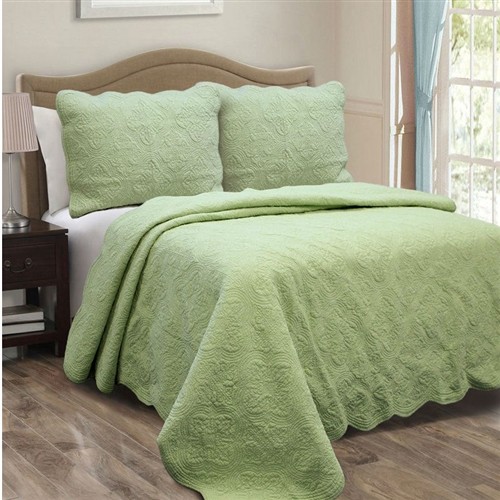 Full/Queen Size Green 100% Chenille Cotton 3 Pc Bedspread Set with Scalloped Borders