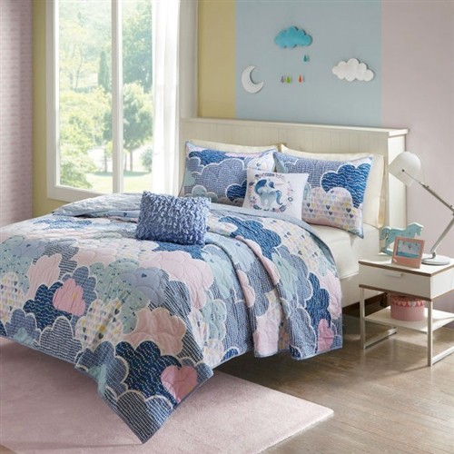 Full/Queen Size Kids Blue & Pink 5 Pc Bedspread Set