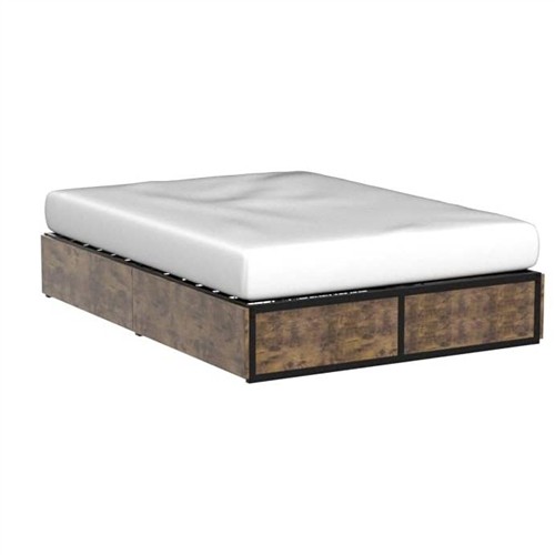 Full Size Black Metal Rustic Wood Platform Bed Frame with 4 Storage Drawers