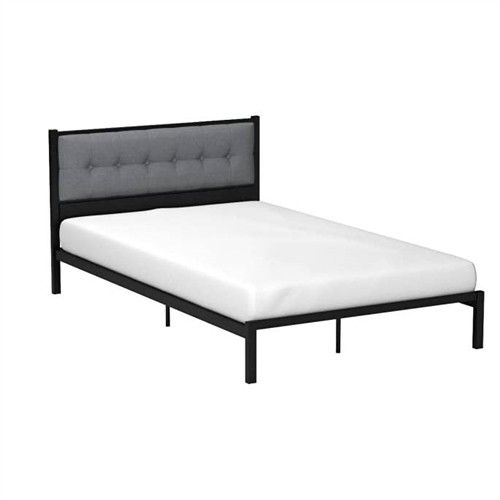 Full Size Black Metal Platform Bed Frame with Gray Button Tufted Upholstered Headboard