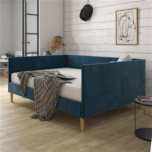 Full Size Minimalist Navy Blue Velvet Upholstered Day Bed Frame