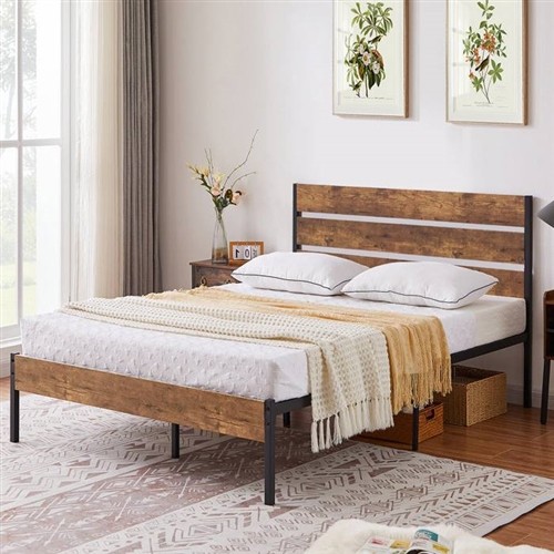 Full Size Industrial Platform Bed Frame with Brown Wood Slatted Headboard and Footboard