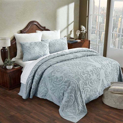 Full Size Blue 100% Chenille Cotton 3 Pc Bedspread Set