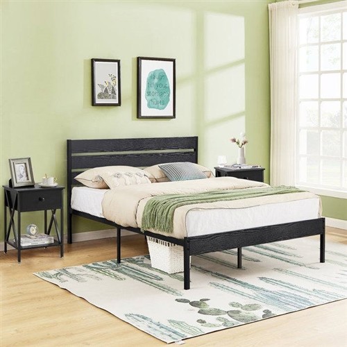 Full Size Industrial Black Metal Platform Bed Frame with Black Wood Slatted Headboard