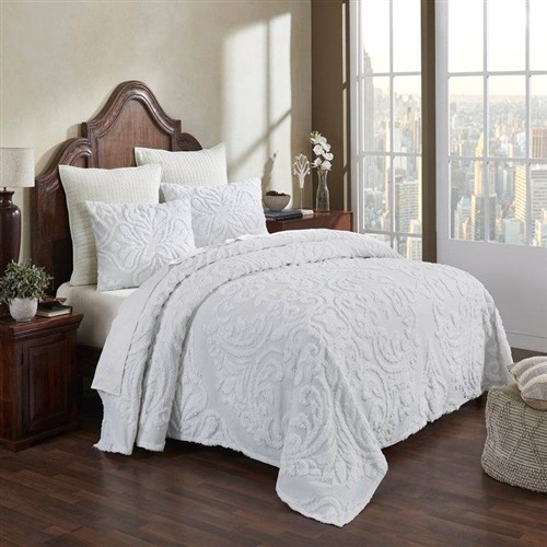Full Size White 100% Chenille Cotton 3 Pc Bedspread Set