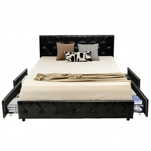 Full Size Black PU Leather Button Tufted Platform Bed Frame with 4 Storage Drawers