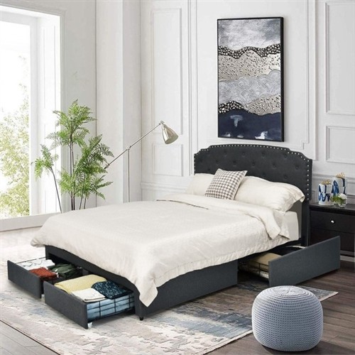 Full Size Grey Upholstered Platform Bed Frame with Adjustable Headboard and 4 Storage Drawers