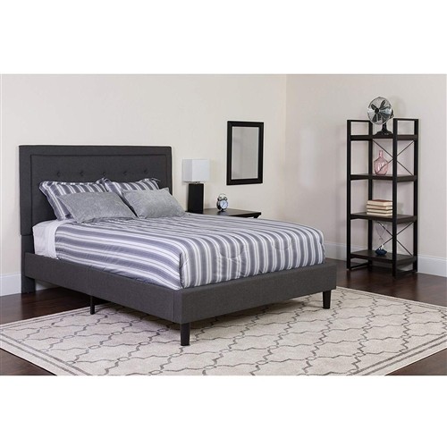 Full Size Dark Grey Upholstered Platform Bed Frame with Button Tufted Headboard