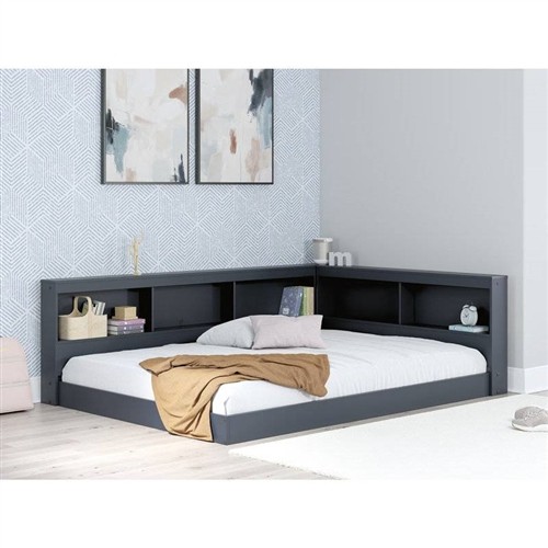 Full Size Blue Wooden Corner Storage Platform Bed Frame with Bookcase Headboard and USB Ports