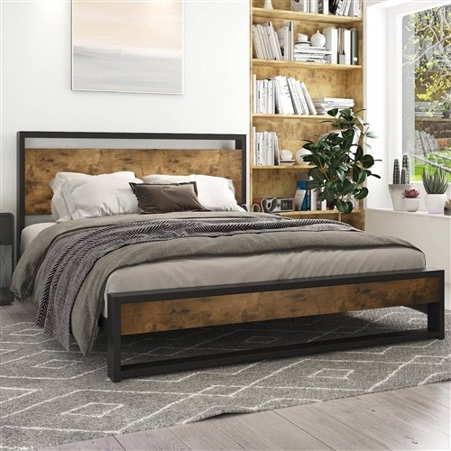Full Size Black Metal Platform Bed Frame with Rustic Wood Panel Headboard and Footboard
