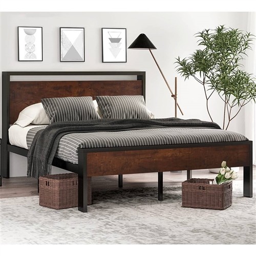 Full Size Black Metal Platform Bed Frame with Mahogany Wood Panel Headboard and Footboard