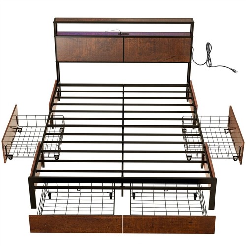 Full Size Black Metal Platform Bed with Brown Wood Headboard, 4 Storage Drawers, LED Lights and Charging Ports