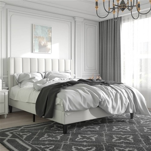 Full Size White Velvet Upholstered Platform Bed Frame with Headboard