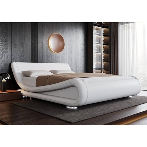 Full Size White Upholstered Platform Bed Frame with Sleigh Curved Headboard