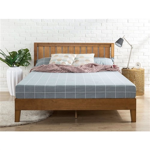 Full Size Solid Medium Brown Wood Platform Bed Frame with Headboard
