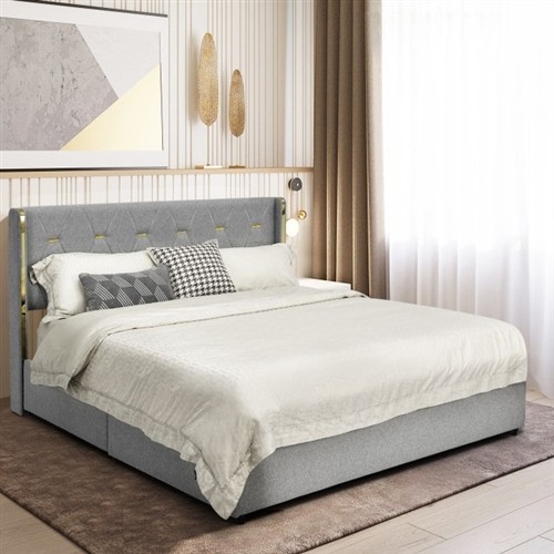 Full Size Grey/Gold Upholstered Platform Bed Frame with Headboard and 4 Storage Drawers