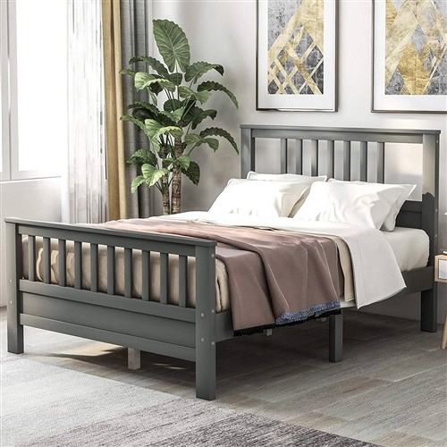 Full Size Solid Grey Pine Wood Platform Bed Frame with Slatted Headboard and Footboard