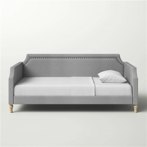 Twin Size Grey Polyester Upholstered Day Bed Frame with Nailhead Trim