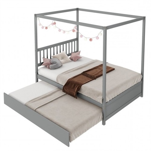 Full Size Grey Canopy Platform Bed with Twin Roller Trundle Bed