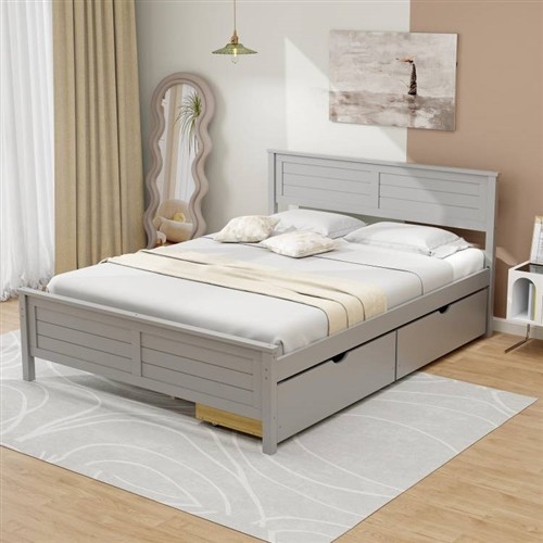 Full Size Grey Wood Platform Bed Frame with 2 Storage Drawers