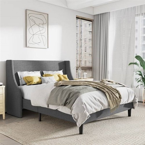 King Size Grey Upholstered Platform Bed Frame with Wingback Headboard