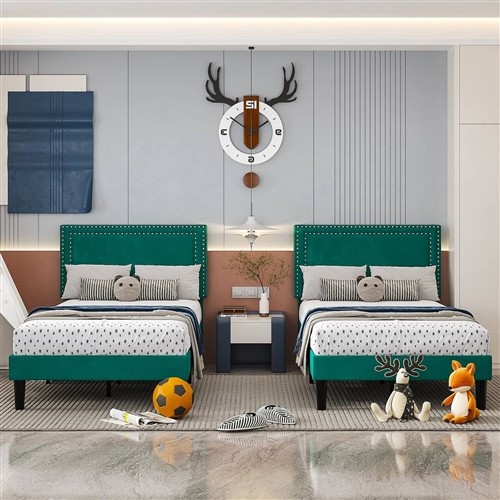 Twin Size Dark Green Upholstered Platform Bed Frames with Nailhead Trim Headboard - Set of 2