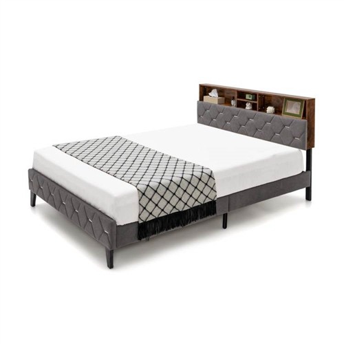 Full Size Velvet Upholstered Platform Bed Frame with Storage Headboard