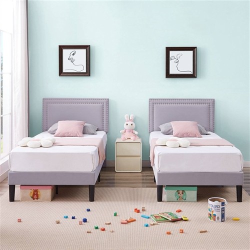 Twin Size Grey Upholstered Platform Bed Frames with Nailhead Trim Headboard - Set of 2
