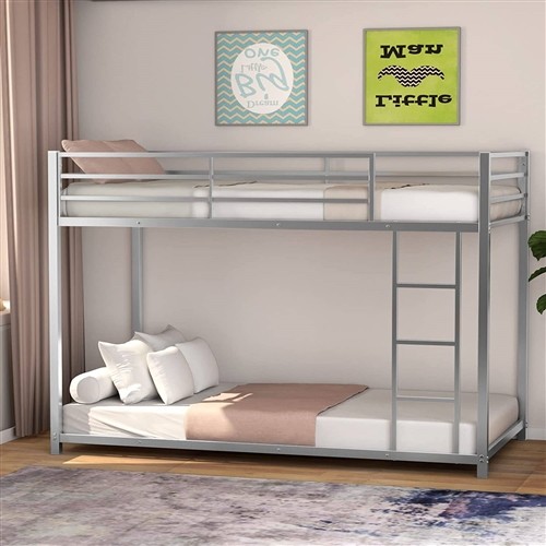 Twin over Twin Size Low Profile Silver Metal Bunk Bed Frame