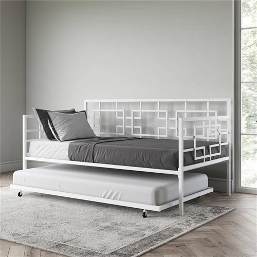 Twin Size Contemporary White Metal Day Bed Frame with Twin Trundle Bed