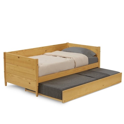 Twin Size Light Brown Solid Wood Day Bed Frame with Twin Trundle Bed