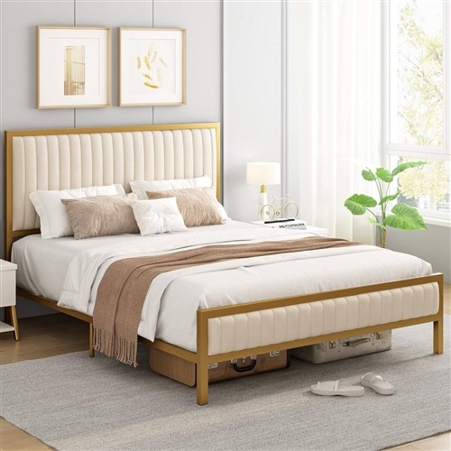 Queen Size Gold Metal Platform Bed Frame with Beige White Upholstered Headboard