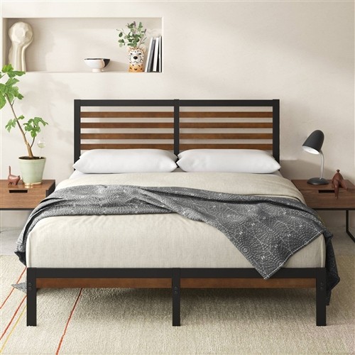 Full Size Black Metal Platform Bed Frame with Brown Bamboo Wood Slat Headboard and Footboard
