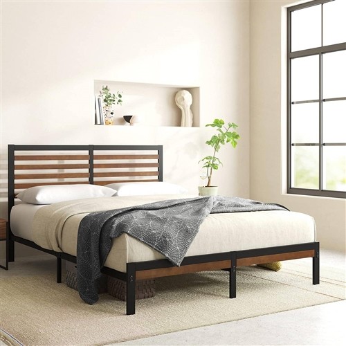 King Size Black Metal Platform Bed Frame with Bamboo Slat Headboard
