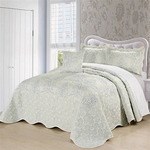 King Size Antique White Damask Embroidered Oversized 4 Pc Bedspread Set