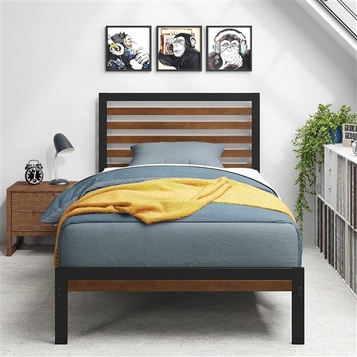 Twin Size Black Metal Platform Bed Frame with Bamboo Wood Slatted Headboard and Footboard